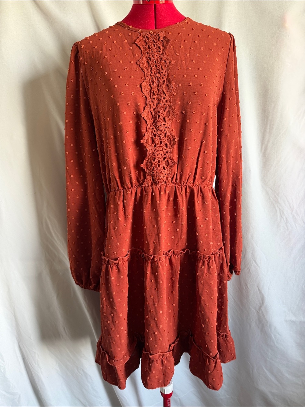 Long Sleeve Tiered Lace-Trim Dress in Rust Orange